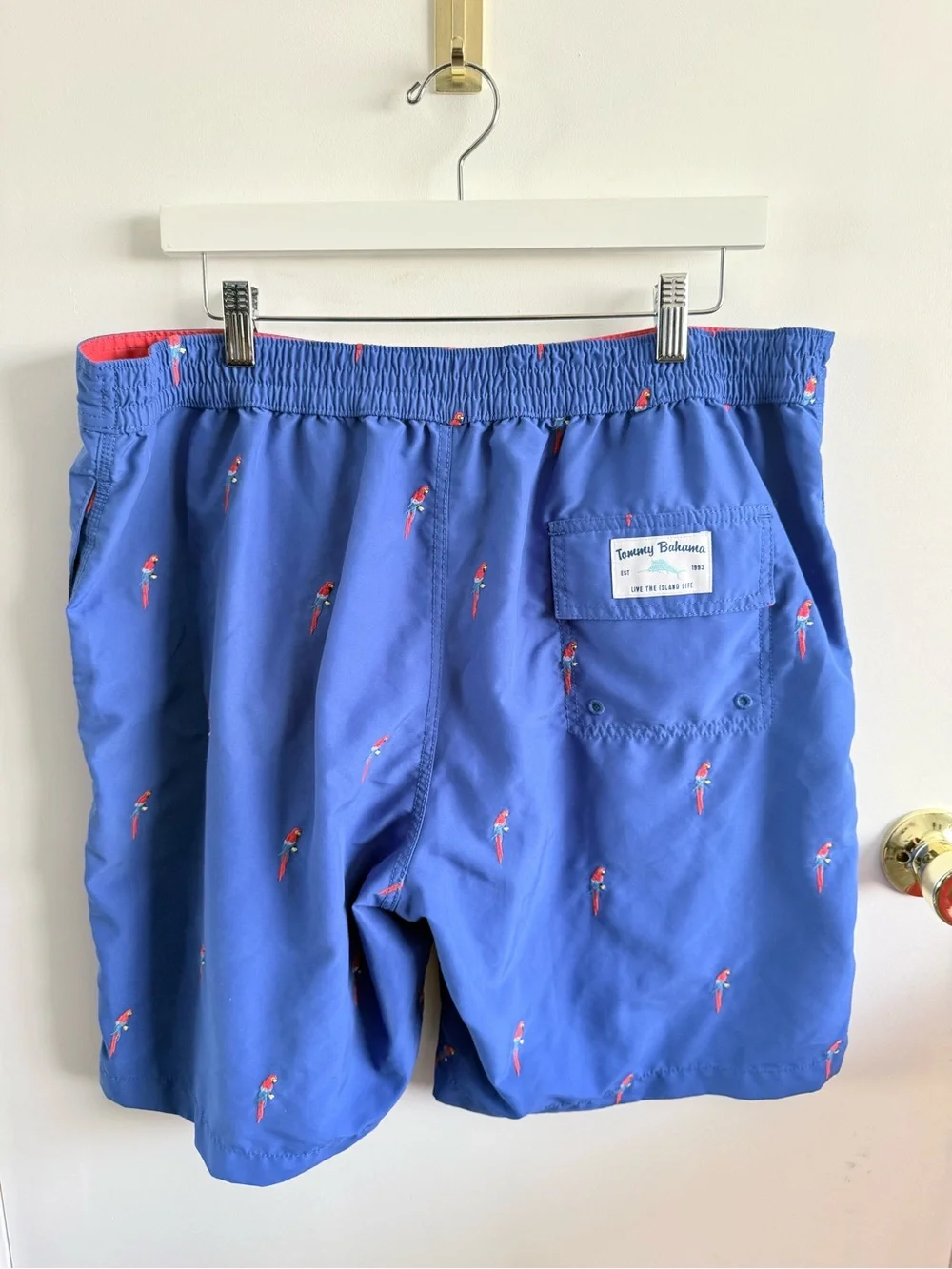 Tommy Bahama Blue Swim Trunks with Red Parrot Embroidery